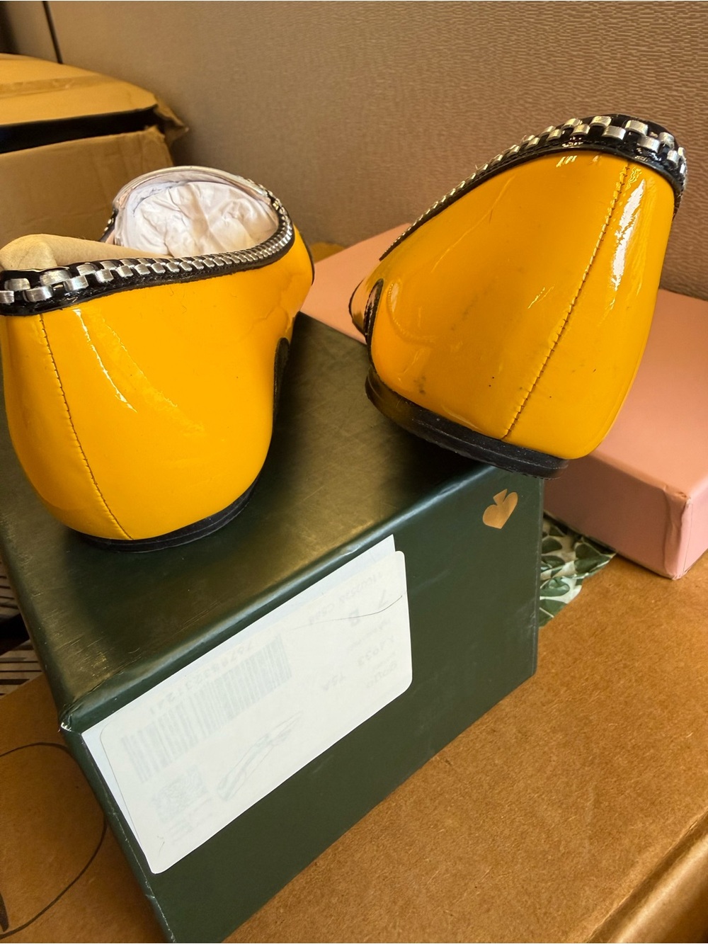 kate spade Two-Tone Yellow and White Pointed Toe Flats with 'TAXI' Detail - Picture 3 of 6
